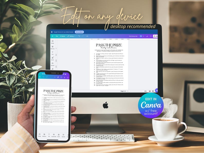 May include: A desktop computer and smartphone display a "Pass the Prize" game template. The text "Edit on any device" and "desktop recommended" are visible. A coffee cup and plant are also in the image. The Canva logo is also visible.