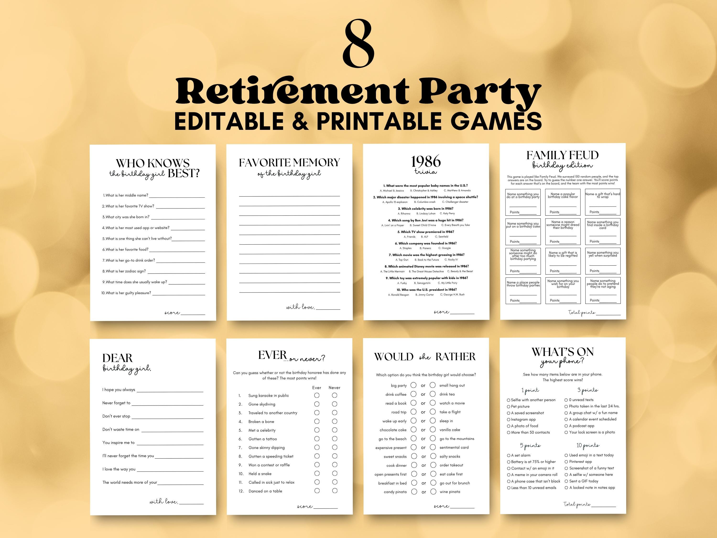 Printable Retirement Fun Guide.pdf Printable Retirement Party Games, Editable Retirement Celebration ...