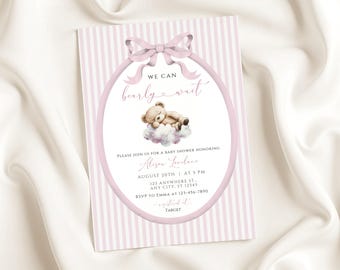 Editable Bear Baby Shower Invitation, Printable We Can Bearly Wait Baby Shower Invite, Girl Baby Shower, Pink Stripes Teddy Bear Invite