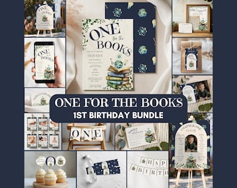 May include: A collection of "One for the Books" themed party decorations. Includes invitations, banners, cupcake toppers, and signs. The design features a stack of books, an open book, and a globe.
