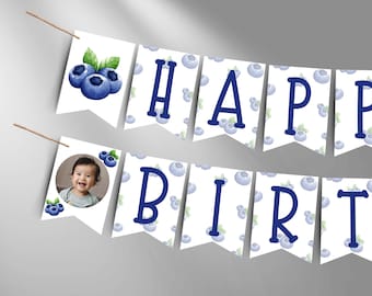 First Birthday Banner, Berry First Birthday, Blueberry Themed Happy Birthday Banner, Gender Neutral Birthday Decor, Printable Banner, m70w