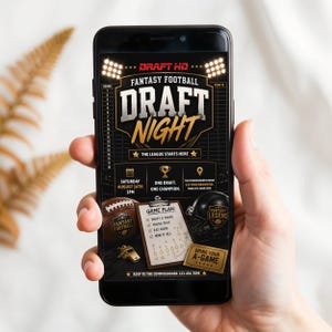 May include: A smartphone displaying a digital flyer for a Fantasy Football Draft Night event. The graphic features a black background with gold and white text, a football, a clipboard with game plan notes, a whistle, and a helmet icon.
