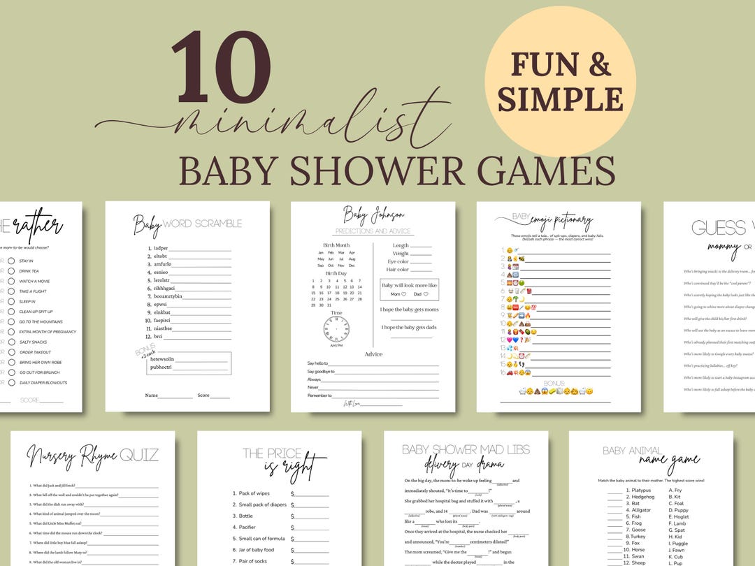Baby Shower Games Bundle, Minimalist Gender Neutral Baby Sprinkle Activities, Printable Fu