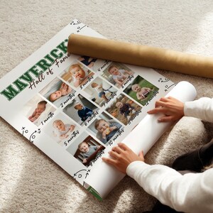 May include: A personalized baby milestone poster with the text "MAVERICK Hall of Fame" in green and white. The poster features a grid of baby photos, each labeled with a month. A rolled-up poster and a brown tube are also visible.