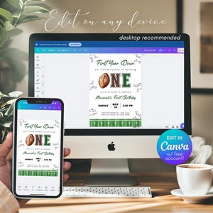 May include: A desktop computer and smartphone display a football-themed birthday invitation. The invitation features a football graphic, the word "ONE", and the text "First Year Down". The invitation is editable in Canva.