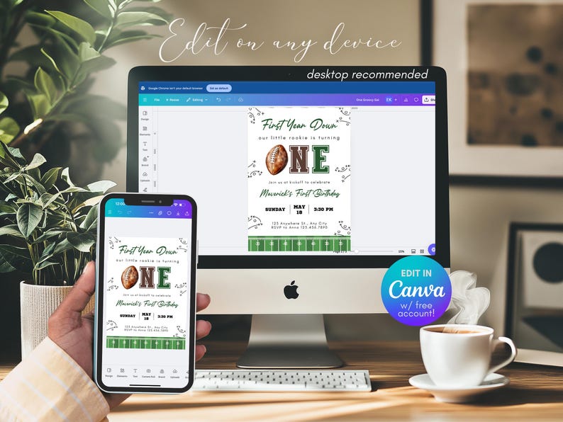 May include: A desktop computer and smartphone display a football-themed birthday invitation. The invitation features a football graphic, the word "ONE", and the text "First Year Down". The invitation is editable in Canva.