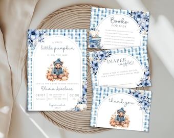 Pumpkin Baby Shower Invitation Bundle, A Little Pumpkin is on the way, Blue Fall Baby Shower, Boy Baby Sprinkle, Autumn Baby Shower
