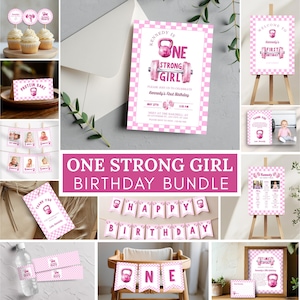 Ein starkes Mädchen-Geburtstags-Paket, Fitness-Thema-Party-Kit, druckbare Geburtstagsdekorationen für das Fitnessstudio, ein starkes Baby-Geburtstagseinladung, s10g