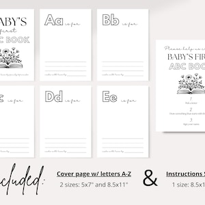 Puede incluir: Un conjunto de p&aacute;ginas imprimibles del primer libro ABC del beb&eacute; y un letrero de instrucciones. La portada y las p&aacute;ginas de letras presentan una ilustraci&oacute;n floral y el texto "Baby's First ABC Book". Las p&aacute;ginas de letras incluyen las letras A-E.
