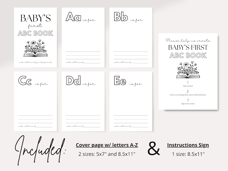 Puede incluir: Un conjunto de p&aacute;ginas imprimibles del primer libro ABC del beb&eacute; y un letrero de instrucciones. La portada y las p&aacute;ginas de letras presentan una ilustraci&oacute;n floral y el texto "Baby's First ABC Book". Las p&aacute;ginas de letras incluyen las letras A-E.