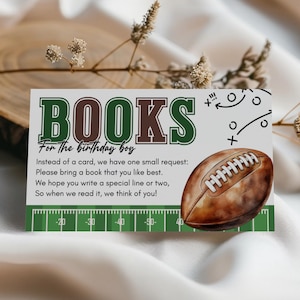 May include: A white card with the word "BOOKS" in green and brown, with a football illustration. The text reads "For the birthday boy" and requests guests to bring a book. A football field graphic is at the bottom.