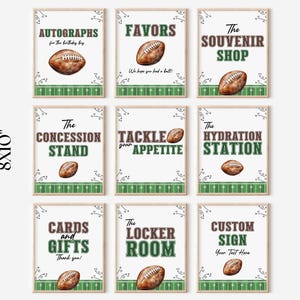 May include: Nine framed signs with football themes. Each sign features a football graphic and text such as "Autographs," "Favors," "Souvenir Shop," "Concession Stand," "Tackle Appetite," "Hydration Station," "Cards and Gifts," "Locker Room," and "Custom Sign." The signs are 8x10 inches.