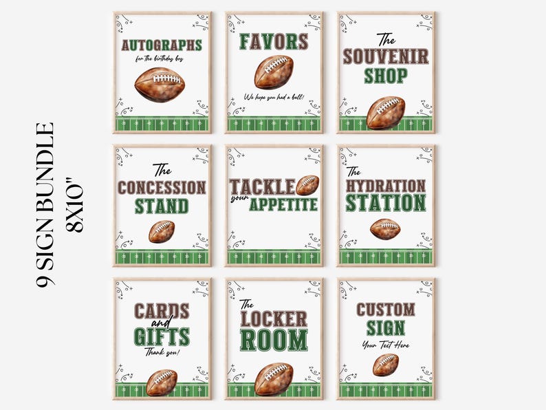 May include: Nine framed signs with football themes. Each sign features a football graphic and text such as "Autographs," "Favors," "Souvenir Shop," "Concession Stand," "Tackle Appetite," "Hydration Station," "Cards and Gifts," "Locker Room," and "Custom Sign." The signs are 8x10 inches.