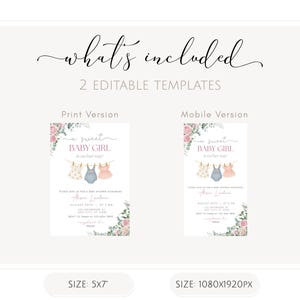 May include: Digital baby shower invitation templates. The design includes the text "what's included" and "2 editable templates". The print version is 5x7 inches, and the mobile version is 1080x1920 pixels. The invitation reads "a sweet baby girl is on her way!"