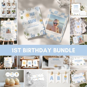 One in the Sun-paket för första födelsedag, sommarfestkit för första födelsedag, redigerbar pojkefödelsedagsdekor, tropisk blå inbjudan för första födelsedag, o11s