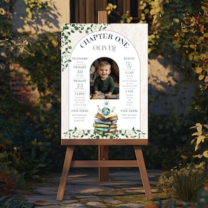 Letrero de cumpleaños para niño "One for the Books", póster de primer año del capítulo uno, decoración para fiesta temática de libros, fondo fotográfico del primer capítulo, b01b