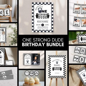 One Strong Dude Birthday Bundle, Fitness Theme Party Kit, Printable Gym Theme Birthday Decorations, One Strong Baby Birthday Invite, o11d