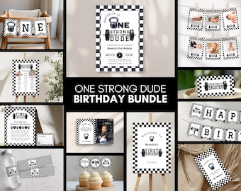 One Strong Dude Birthday Bundle, Zestaw na imprezę z motywem fitness, Wydrukowane dekoracje urodzinowe z motywem siłowni, Zaproszenie na urodziny One Strong Baby, o11d