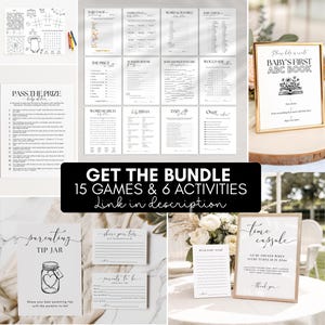 Puede incluir: Una colecci&oacute;n de juegos y actividades para baby shower, que incluye un primer libro ABC para beb&eacute;s, un bote de propinas y un letrero de c&aacute;psula del tiempo. La imagen presenta varios juegos y tarjetas imprimibles.