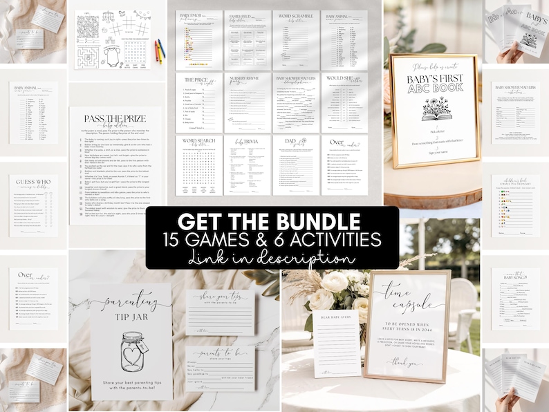 Puede incluir: Una colecci&oacute;n de juegos y actividades para baby shower, que incluye un primer libro ABC para beb&eacute;s, un bote de propinas y un letrero de c&aacute;psula del tiempo. La imagen presenta varios juegos y tarjetas imprimibles.