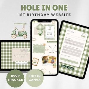 ホールインワン1歳の誕生日ウェブサイト、ゴルフ1歳の誕生日デジタル招待状、Canvaテンプレート、g01b