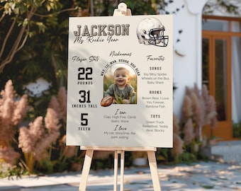Football First Birthday Milestone Poster, Rookie Year First Birthday Sign, Boy Football Birthday Decor, My First Year Photo Party Poster