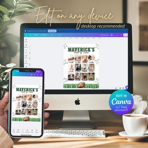 May include: A digital print design displayed on a computer monitor and a smartphone. The design features the text "Maverick's Hall of Fame" with a football theme and space for photos. The design is editable in Canva.