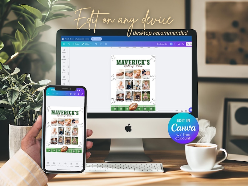 May include: A digital print design displayed on a computer monitor and a smartphone. The design features the text "Maverick's Hall of Fame" with a football theme and space for photos. The design is editable in Canva.