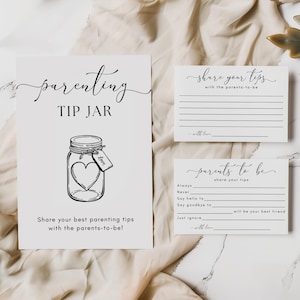 May include: A collection of white cards with black calligraphy for a parenting tip jar. The main card has a mason jar illustration with a heart and the words "parenting TIP JAR". Two smaller cards provide space for advice.