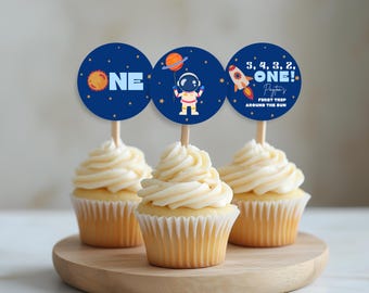 First Trip Around the Sun Cupcake Toppers, 1st Birthday Space Decor, Outer Space Birthday Party Decorations, Galaxy Birthday Decor, f12s