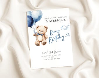 Beary First Birthday Invitation, Printable Teddy Bear 1st Birthday Invite, Editable Blue Teddy First Birthday, Boy First Birthday, Gingham