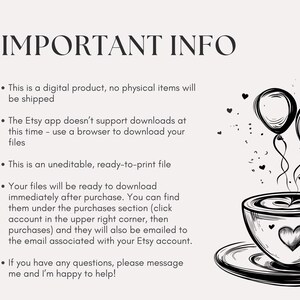 Puede incluir: Ilustraci&oacute;n en blanco y negro con el texto "IMPORTANT INFO". La imagen presenta una taza de caf&eacute; con un coraz&oacute;n, dos globos y corazones decorativos. El texto proporciona informaci&oacute;n sobre un producto digital.