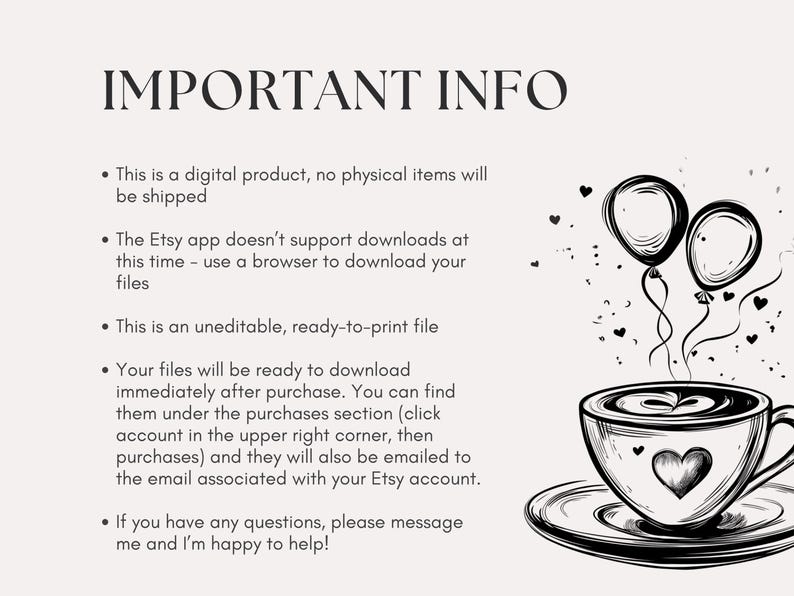 Puede incluir: Ilustraci&oacute;n en blanco y negro con el texto "IMPORTANT INFO". La imagen presenta una taza de caf&eacute; con un coraz&oacute;n, dos globos y corazones decorativos. El texto proporciona informaci&oacute;n sobre un producto digital.