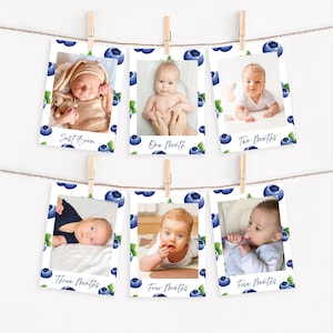 Banner de fotos del primer mes con temática de bayas, decoración para el primer cumpleaños con temática de arándanos, banner de hitos del bebé para fotos desde recién nacidos hasta los 12 meses, m70w