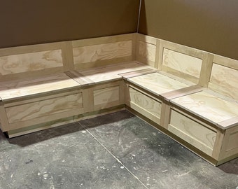 Corner Bench.  L-shaped bench with backrest.  Kitchen Nook, Corner Bench Seat with Storage- Farmhouse Bench, Kitchen Nook No Finish Raw Wood