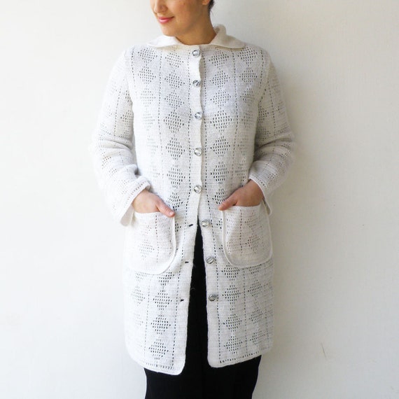 Vintage White Knit Coat / Crochet Coat / Size L Etsy