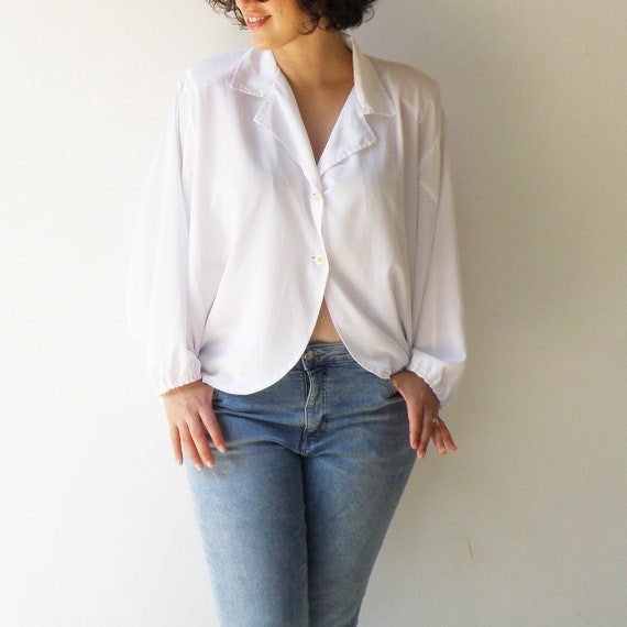 Vintage White Button Up Blouse / Bat Sleeves Cropp