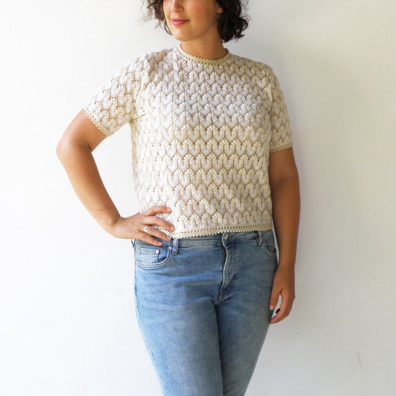 Vintage Knit Lace Top / Cream Lacey Top / Size L Etsy