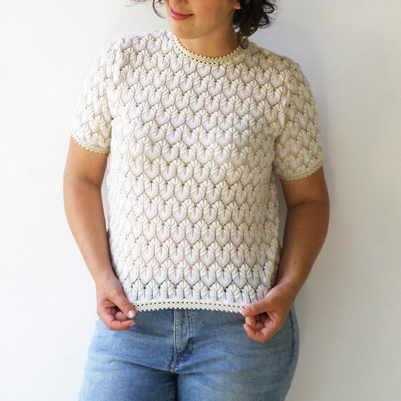 Vintage Knit Lace Top / Cream Lacey Top / Size L Etsy