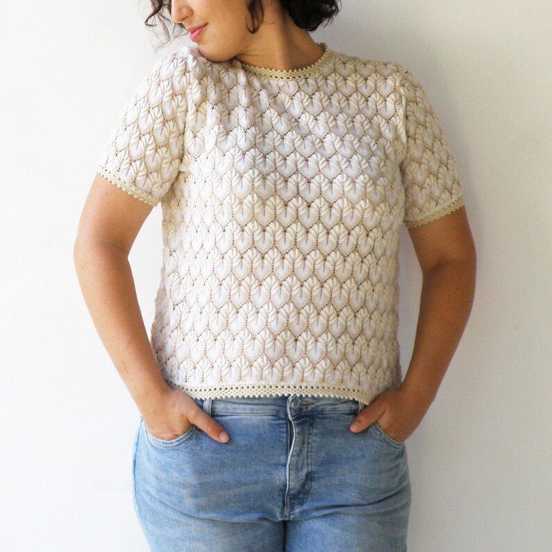 Vintage Knit Lace Top / Cream Lacey Top / Size L Etsy