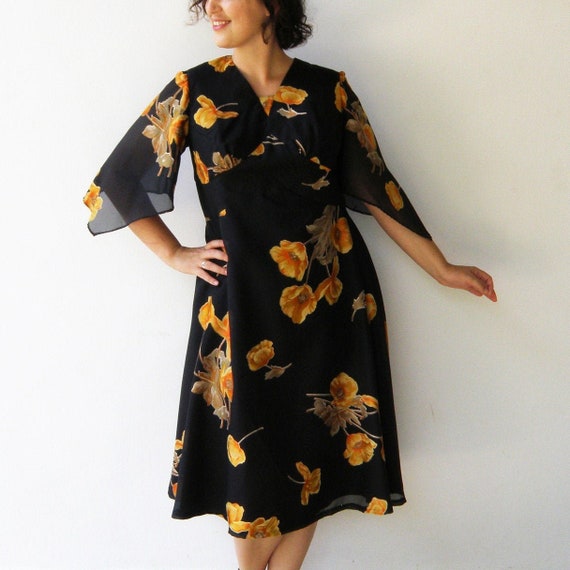 Vintage Chiffon Party Dress / Handmade Black Flora