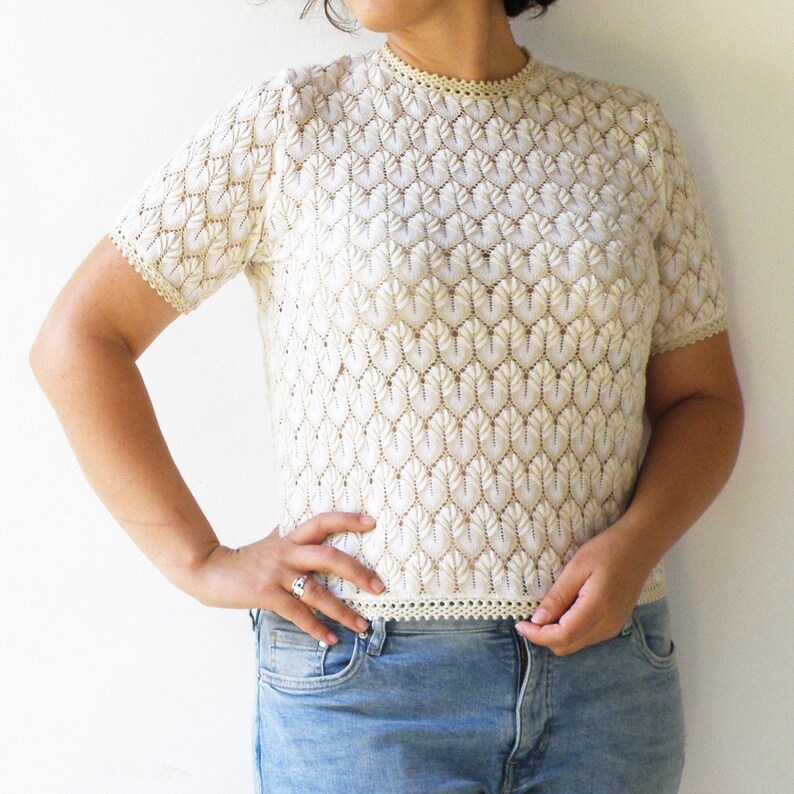 Vintage Knit Lace Top / Cream Lacey Top / Size L Etsy