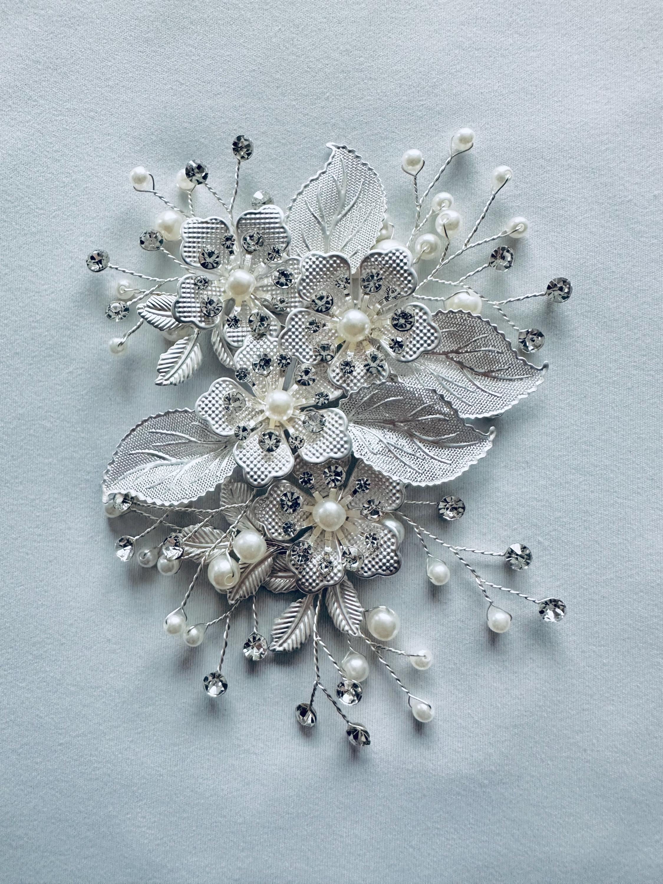 Silver Floral Applique: Beaded Pearl Embellishment, Sew-on 