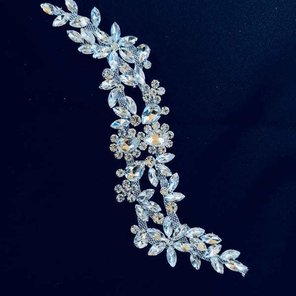 Elegant Rhinestone Applique Patch: Sew-On Dress Embellishment (10" x 2")