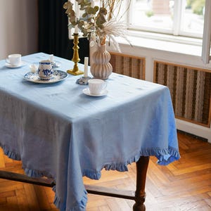 Linen Tablecloth Rectangle, Linen Tablecloth Round, Blue Linen Tablecloth with Ruffle, Classic Elegant Handmade Tablecloth for Dining Room