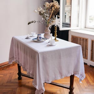 Linen Tablecloth Rectangle, Linen Tablecloth Round, White Linen Tablecloth with Ruffle, Classic Elegant Handmade Tablecloth for Dining Room