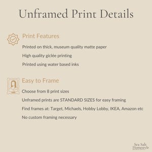 May include: Text on a beige background reads "Unframed Print Details." It lists print features: printed on matte paper, high-quality gicl&eacute;e printing, and water-based inks. It also states that the prints are easy to frame and come in 8 sizes.