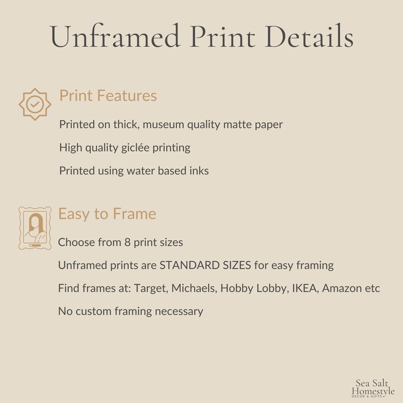 May include: Text on a beige background reads "Unframed Print Details." It lists print features: printed on matte paper, high-quality gicl&eacute;e printing, and water-based inks. It also states that the prints are easy to frame and come in 8 sizes.
