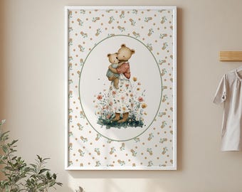 Cyfrowa grafika ścienna do pokoju dziecięcego z misiem leśnym do pobrania, wystrój Cottagecore, styl vintage, neutralny pokój dziecięcy, cyfrowy wydruk z misiem leśnym