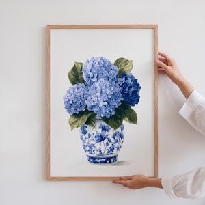Blue Hydrangea Wall Art Framed Canvas Print Gift For Her Birthday Home Decor Coastal Grandma Print Floral Art Living Room Art Gift New Home
